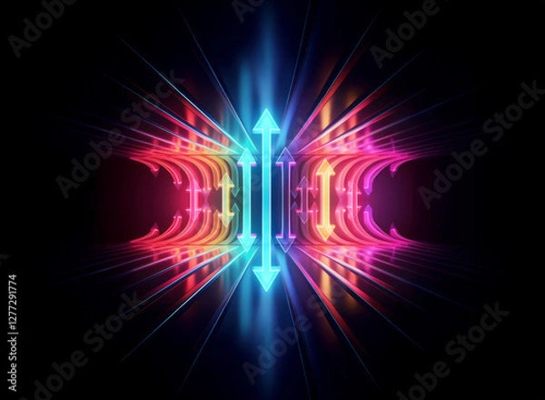 Fototapeta Vibrant light streaks form a symmetrical abstract design with arrows pointing inward and outward, creating a dynamic energy flow on a black backdrop.