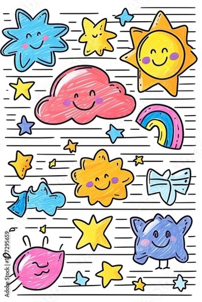 Obraz Hand-drawn doodle set of stars, sun, clouds, and rainbows with cute faces and striped background.