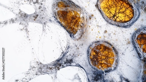 Fototapeta Aging cells magnified under a microscope in a laboratory. Featuring the biological effects of aging on cells
