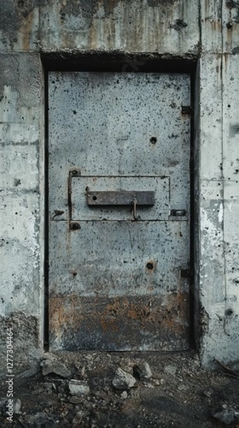 Fototapeta Old Rusty Metal Door with Weathered Concrete Surrounding Area