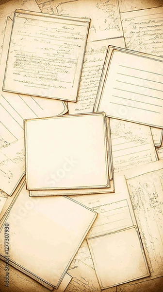 Fototapeta A collection of assorted vintage blank and handwritten papers scattered on a wooden surface