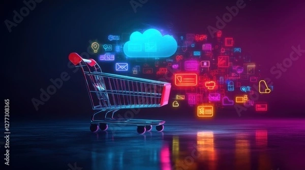 Fototapeta Colorful Shopping Cart with Digital Icons Against a Dark Background Representing Modern Online Shopping Trends