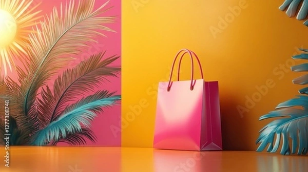 Fototapeta Bright Tropical Shopping Scene with Colorful Palm Leaves and Vibrant Bag on Sunset Background
