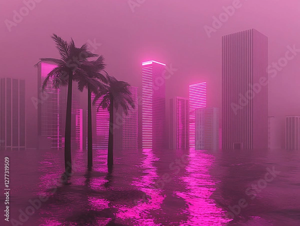 Fototapeta Futuristic cityscape at dusk with pink neon lights reflecting on floodwaters and palm trees