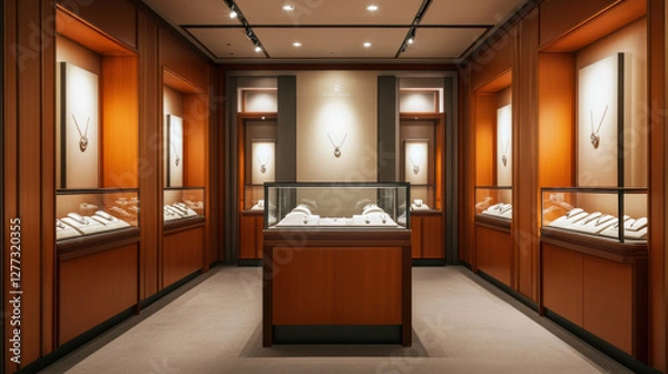Fototapeta Elegant jewelry exhibition booth with sleek glass cases and warm lighting