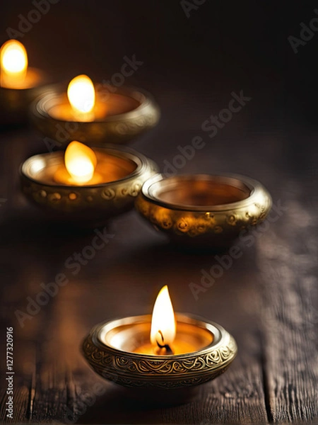 Fototapeta Traditional oil lamps with flickering flames cast a warm, golden glow, creating a peaceful and spiritual ambiance, symbolizing light, hope, and devotion.