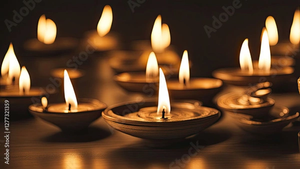 Fototapeta Traditional oil lamps with flickering flames cast a warm, golden glow, creating a peaceful and spiritual ambiance, symbolizing light, hope, and devotion.