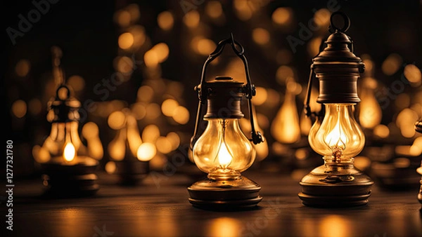 Fototapeta Glowing lanterns casting a warm golden light in the darkness, creating a serene and nostalgic ambiance, symbolizing tradition, festivity, and spiritual warmth.