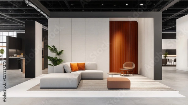 Fototapeta Modern lounge area with cozy sofa, stylish decor, and warm tones