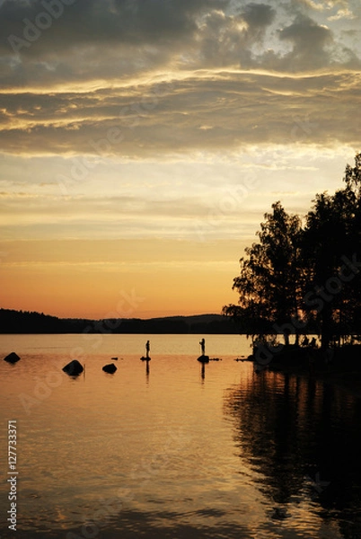 Obraz Forest lake at sunset.