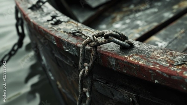 Fototapeta Weathered Wooden Boat Detail: Rustic Charm and Maritime History A Close-Up of an Old, Decaying Boat with a Rusty Chain