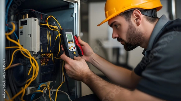 Fototapeta Heating and cooling technician conducting equipment diagnostics and repairs in a residential setting during daylight hours