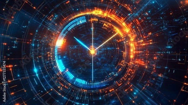 Fototapeta Design a futuristic neon clock with glowing hands, vibrant blue & orange hues, and intricate digital details on a dark background. Perfect for tech-inspired projects