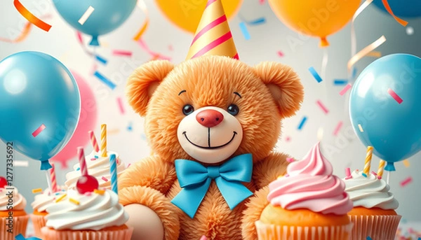 Fototapeta Smiling teddy bear surrounded by cupcakes, balloons, and confetti in a celebration setting