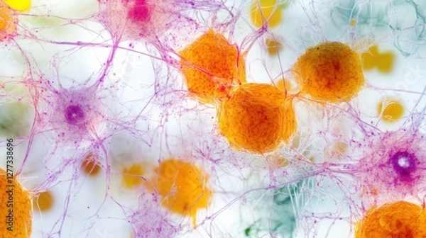 Fototapeta Aging cells under a microscope in a laboratory setting. Featuring biological aging and molecular breakdown
