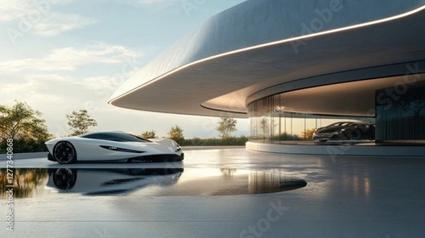 Obraz Modern, futuristic, luxury car parked in front of a modern, curved, glass-walled garage.  Exterior of a high-end, contemporary home.  Reflecting, elegant design.