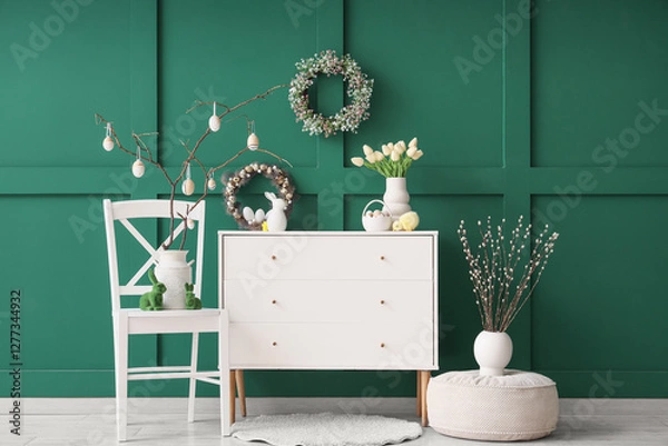 Fototapeta Interior of room with commode, chair and Easter wreaths