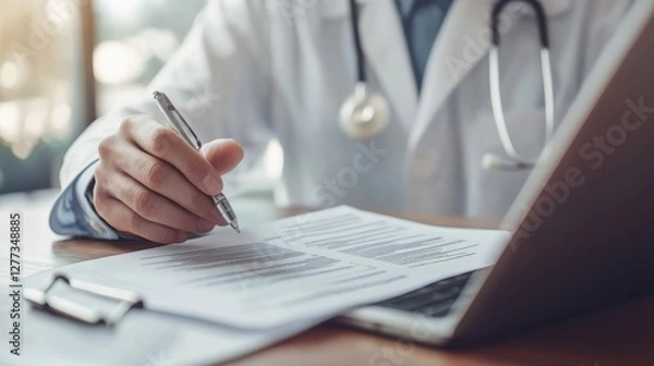 Fototapeta A healthcare professional reviews documents while using a laptop, highlighting the integration of technology in modern medical practices.