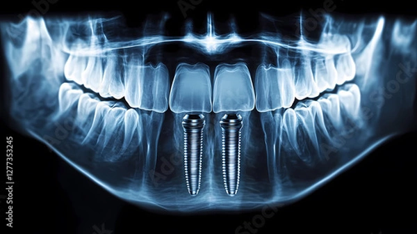 Obraz X-ray of Dental Implants with Surrounding Bone Structure