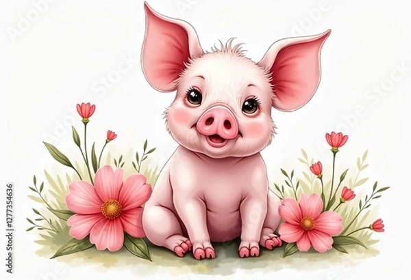 Obraz Watercolor Cute Pig Clipart for Baby Card Design: Adorable Piglet Illustration on White Background, Perfect for Baby Shower Invitations, Nursery Decor, and DIY Craft Projects, Whimsical Animal Art for