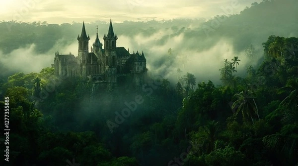 Obraz Misty morning view of a gothic castle nestled in a lush green jungle.