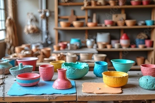 Fototapeta Colorful Handmade Pottery Displayed in Workshop