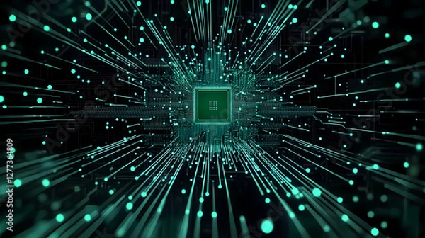 Obraz CPU Chip Radiating Green Light Against Black Background