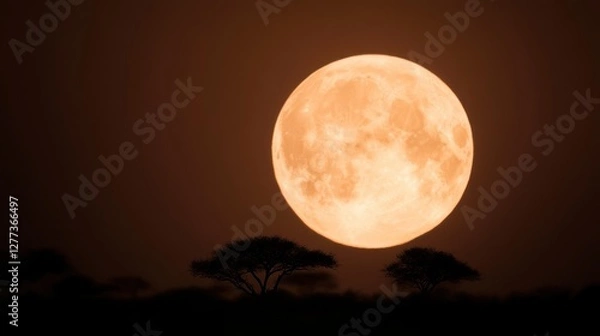 Fototapeta Strawberry moon glowing above silhouettes of trees in the quiet field