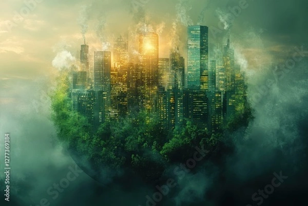 Fototapeta A city is shown in a round shape with a green forest surrounding it