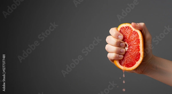 Obraz Grapefruit squeeze in hand against gray background. Hand squeezing grapefruit half juice dripping on gray background