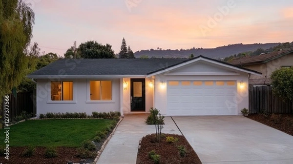 Fototapeta Serene Suburban Home at Dusk with Modern Architecture and Lush Landscaping Highlighted by Vibrant Sunset Sky for Real Estate or Home Improvement Concepts