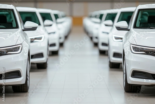 Fototapeta fleet of hybrid vehicles lined up, ready for company operations, clean and modern