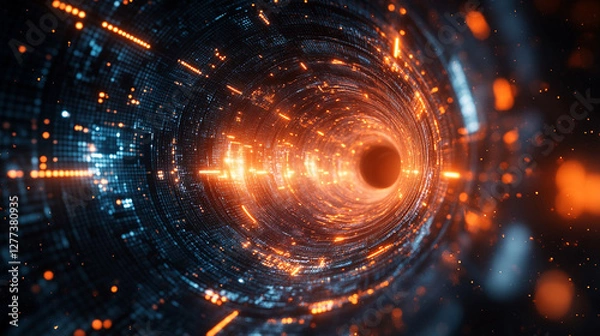 Obraz Abstract 3D illustration of 5G technology symbolizing high-speed wireless data transmission. Digital funnel visualizes big data flow in cyberspace with modern bright tones and blurred space