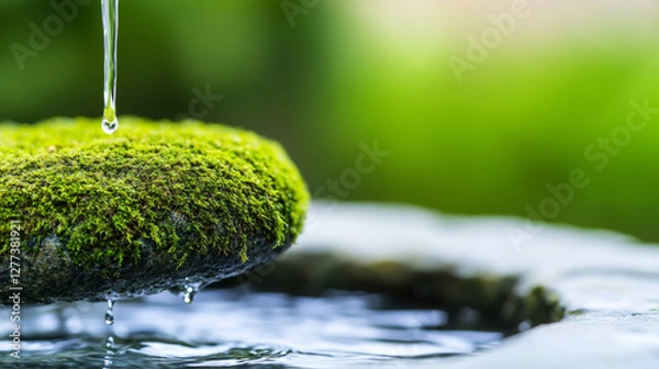 Fototapeta Close up moss stone with dripping water creates sense of serene and refreshing