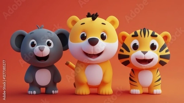 Fototapeta Cute cartoon animal characters, three friendly, stylized animals standing in a row on a vibrant coral background.  Smiling faces and simple designs.