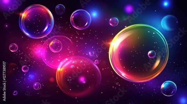 Fototapeta Abstract background with colorful iridescent bubbles floating in a dark space, illuminated by glowing particles.