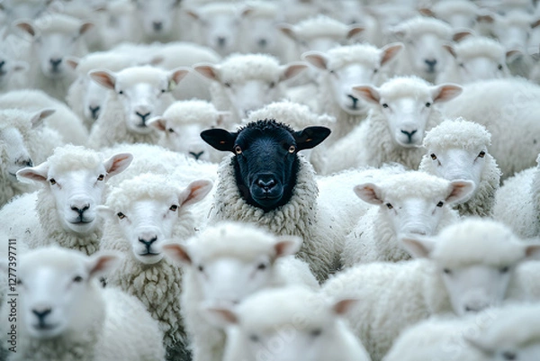 Obraz Unique black sheep standing out among a flock of white sheep, symbolizing individuality, uniqueness, and leadership. Concept of being different, standing out from the crowd, and breaking the norm