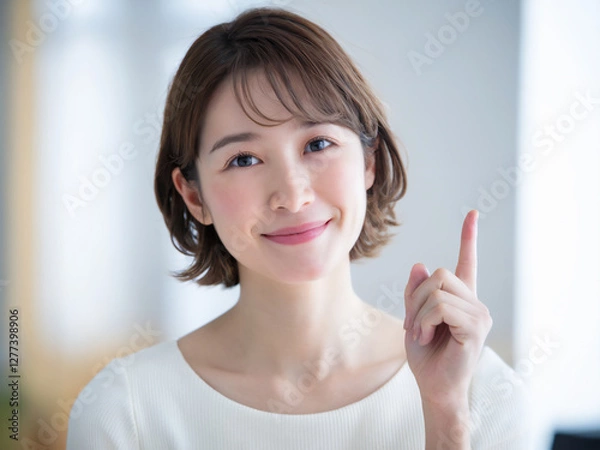 Fototapeta 指差す若い日本人女性（ポイント・要点）　Generative AI	