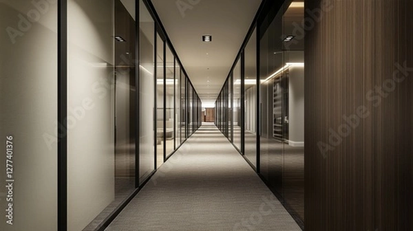 Obraz A narrow office corridor with soft carpeting, glass partitions, and an inviting ambiance