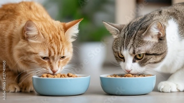 Obraz Two playful cats enjoying a meal together in a cozy indoor setting