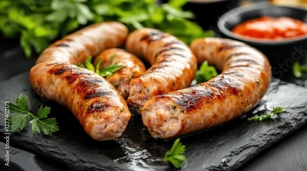 Fototapeta Savory pork chipolatas sizzling in a frying pan against a dark backdrop