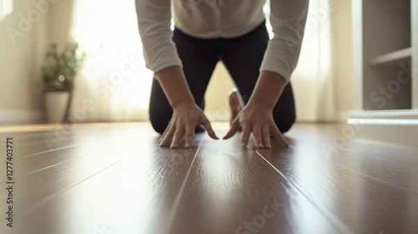 Fototapeta Chronic back pain depicted by a person kneeling on the floor, reaching for a dropped object with visible discomfort. Featuring limited mobility