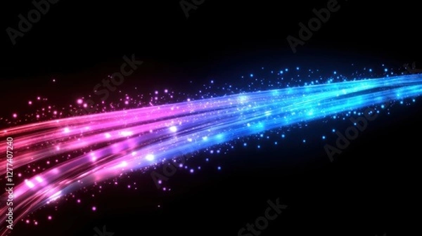Fototapeta High-speed Internet Connection: Glowing Light Streaks & Data Cables in Blue, Purple, Pink Colors on Dark Background. Cyber Network Design Banner.