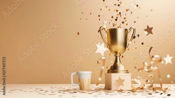 Obraz blank celebratory card with a large golden trophy on the right, surrounded by stars and confetti on golden background