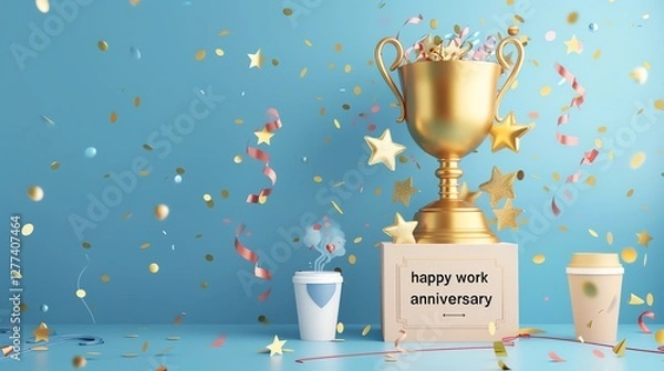 Obraz celebratory work anniversary card highlighting achievements and festive recognition with golden trophy, confetti, and coffee cups in a business context