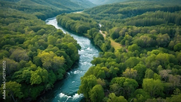 Fototapeta Aerial view of a winding river surrounded by lush green forests and mountainous terrain under a clear sky