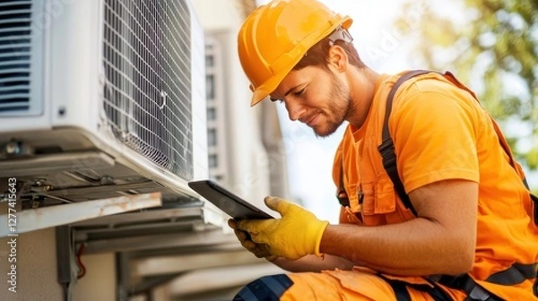 Fototapeta Expert engineer on rooftop examining HVAC systems using digital tablet