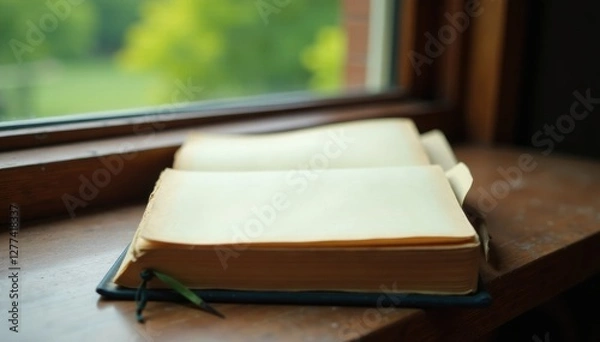 Fototapeta Single worn-out journal placed beside a window, empty, book