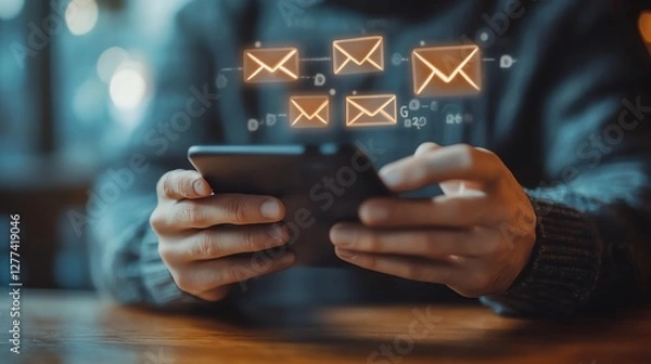 Fototapeta Closeup of male hands touching smartphone screen using email app on table with email icon digital communication