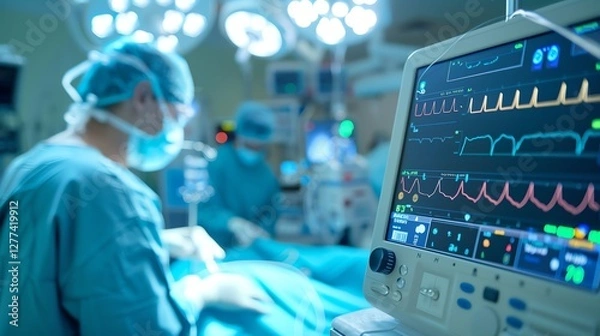 Obraz Cardiac event monitor and modern medical devices in an operating room during surgery. High-tech healthcare setup for medical and surgical concepts.